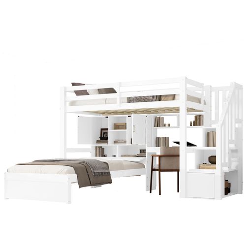 Lit Mezzanine 90x200 Cm - Lit Enfant Avec Bureau Et Étagères, Escaliers Avec Rangement - Blanc