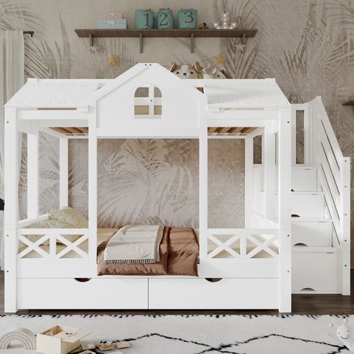 Lit Superposé Enfant 90/140x200 Cm, 2 Tiroirs, Escalier, 4 Cases De Rangement, Bois Blanc
