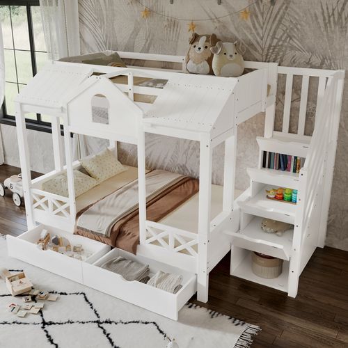 Lit Superposé Enfant 90/140x200 Cm, 2 Tiroirs, Escalier, 4 Cases De Rangement, Bois Blanc