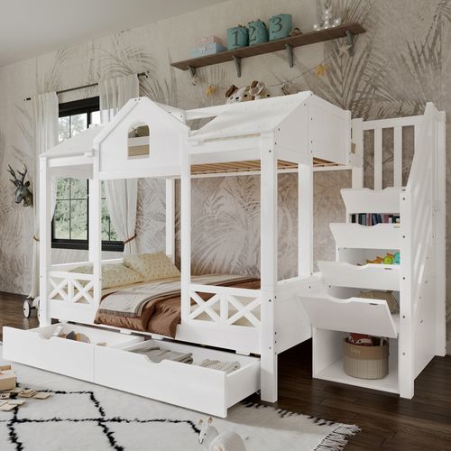 Lit Superposé Enfant 90/140x200 Cm, 2 Tiroirs, Escalier, 4 Cases De Rangement, Bois Blanc