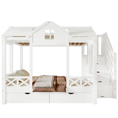 Lit Superposé Enfant 90/140x200 Cm, 2 Tiroirs, Escalier, 4 Cases De Rangement, Bois Blanc