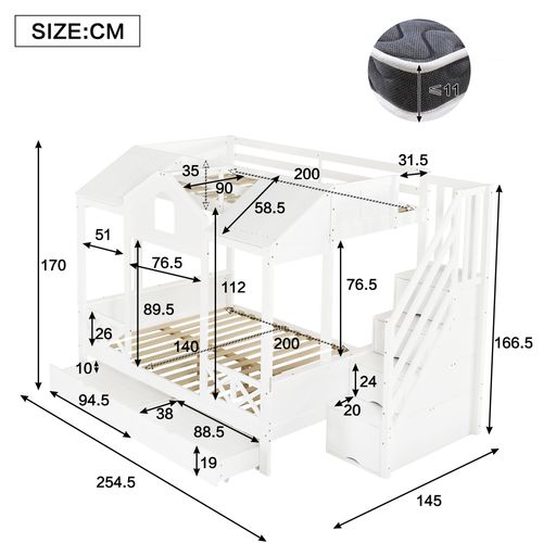 Lit Superposé Enfant 90/140x200 Cm, 2 Tiroirs, Escalier, 4 Cases De Rangement, Bois Blanc