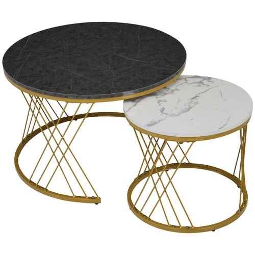 Table Basse Moderne Lot De 2– Gigognes Rondes, Cadre Métallique Doré, Gain De Place, Mdf Blanc/gris