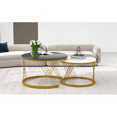 Table Basse Moderne Lot De 2– Gigognes Rondes, Cadre Métallique Doré, Gain De Place, Mdf Blanc/gris