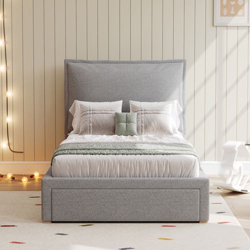 Lit Enfant 90x200 cm - Lit Simple Avec Tête De Lit Capitonnée Et Rangement Intégré, Chenille Gris