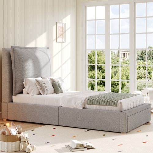 Lit Enfant 90x200 cm - Lit Simple Avec Tête De Lit Capitonnée Et Rangement Intégré, Chenille Gris
