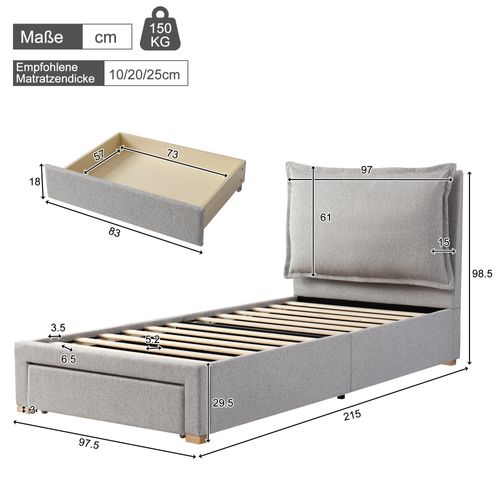 Lit Enfant 90x200 cm - Lit Simple Avec Tête De Lit Capitonnée Et Rangement Intégré, Chenille Gris