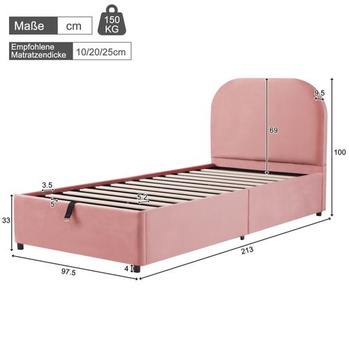 Lit Coffre Simple Enfant 90x200 cm - Tête De Lit Capitonnée Et Rangement Hydraulique, Velours Rose