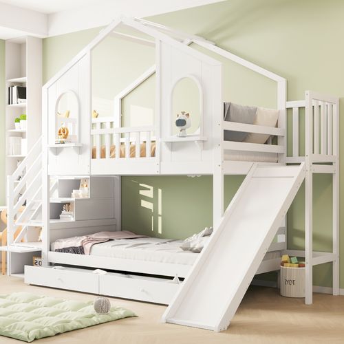 Lit Superposé Enfant 90x200 Cm, Toboggan, Tiroirs Et Échelle De Rangement, Bois Naturel, Blanc