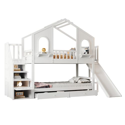 Lit Superposé Enfant 90x200 Cm, Toboggan, Tiroirs Et Échelle De Rangement, Bois Naturel, Blanc