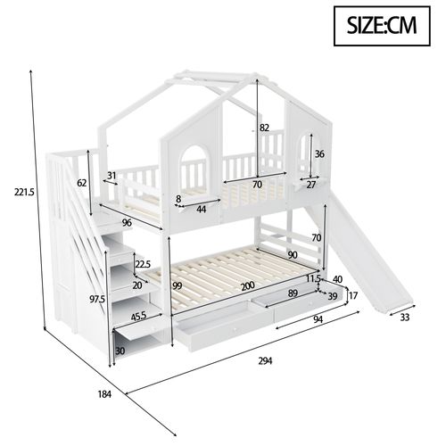 Lit Superposé Enfant 90x200 Cm, Toboggan, Tiroirs Et Échelle De Rangement, Bois Naturel, Blanc