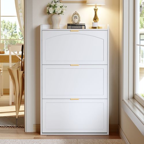 Meuble à Chaussures Étroit – Armoire 3 Portes Avec Système Anti-basculement, Entrée Ou Salon, Blanc