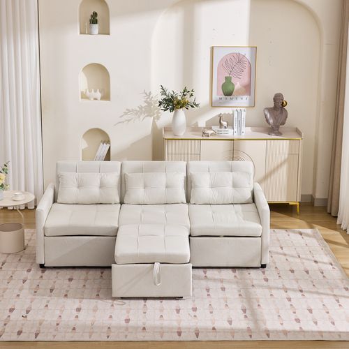 Canapé Convertible 3 Places Modulable, Dossier Inclinable 180°, Rangement, Tissu Non Tissé, Beige