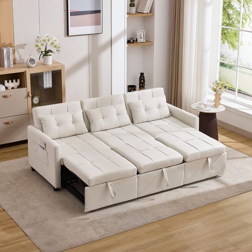 Canapé Convertible 3 Places Modulable, Dossier Inclinable 180°, Rangement, Tissu Non Tissé, Beige