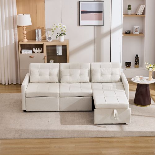 Canapé Convertible 3 Places Modulable, Dossier Inclinable 180°, Rangement, Tissu Non Tissé, Beige