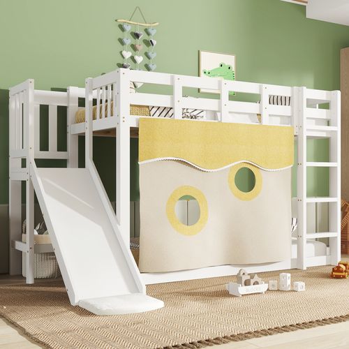 Lit Superposé Enfant 90x200 Cm, Toboggan, Escalier, Barrières De Sécurité, Rideaux, Mdf Pin Blanc