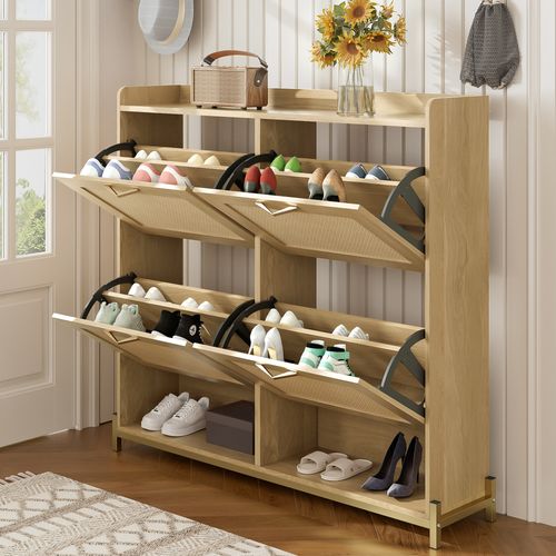 Meuble à Chaussures 4 Portes, Bois Avec Rangement Et Portes Rotin, Style Contemporain, Chêne Clair