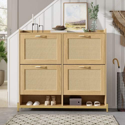 Meuble à Chaussures 4 Portes, Bois Avec Rangement Et Portes Rotin, Style Contemporain, Chêne Clair