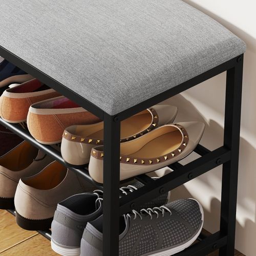Banc à Chaussures Noir – Meuble D’entrée Avec Assise Rembourrée Et 2 Compartiments, Métal Et Tissu