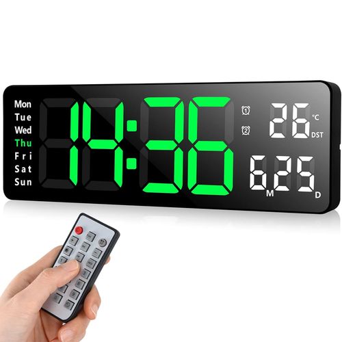 Horloge Murale LED 13", Télécommande, Date Et Température, 10 Niveaux, Abs Noir, Lumière Verte