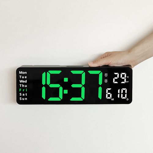 Horloge Murale LED 13", Télécommande, Date Et Température, 10 Niveaux, Abs Noir, Lumière Verte