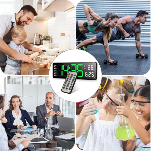 Horloge Murale LED 13", Télécommande, Date Et Température, 10 Niveaux, Abs Noir, Lumière Verte