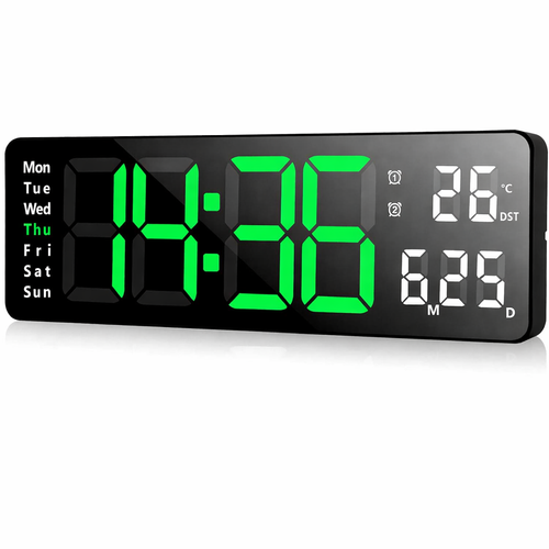 Horloge Murale LED 13", Télécommande, Date Et Température, 10 Niveaux, Abs Noir, Lumière Verte