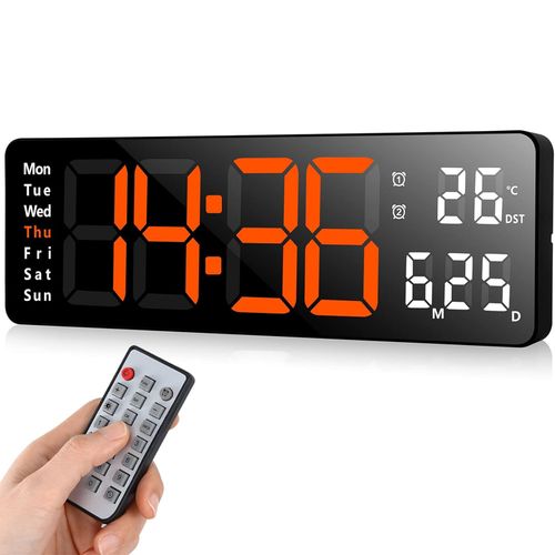 Horloge Murale LED 13", Télécommande, Date Et Température, 10 Niveaux, Abs Noir, Lumière Orange