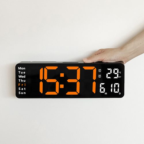 Horloge Murale LED 13", Télécommande, Date Et Température, 10 Niveaux, Abs Noir, Lumière Orange