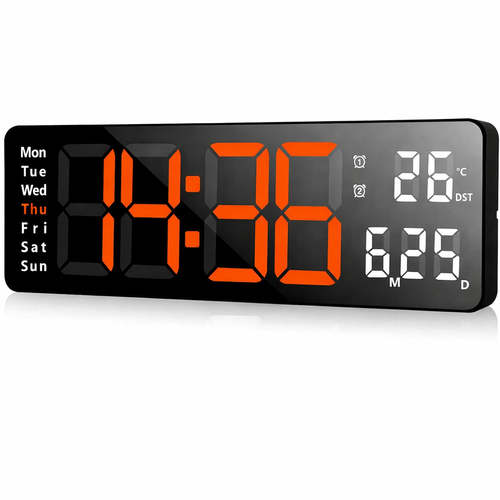 Horloge Murale LED 13", Télécommande, Date Et Température, 10 Niveaux, Abs Noir, Lumière Orange
