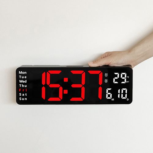 Horloge Murale LED 13", Télécommande, Date Et Température, 10 Niveaux, Abs Noir, Lumière Rouge