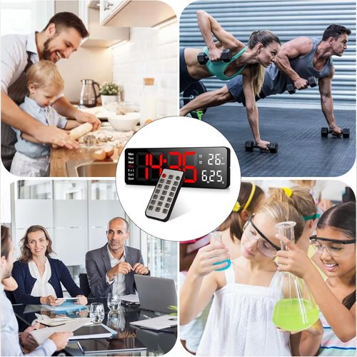 Horloge Murale LED 13", Télécommande, Date Et Température, 10 Niveaux, Abs Noir, Lumière Rouge