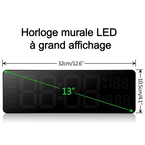 Horloge Murale LED 13", Télécommande, Date Et Température, 10 Niveaux, Abs Noir, Lumière Rouge