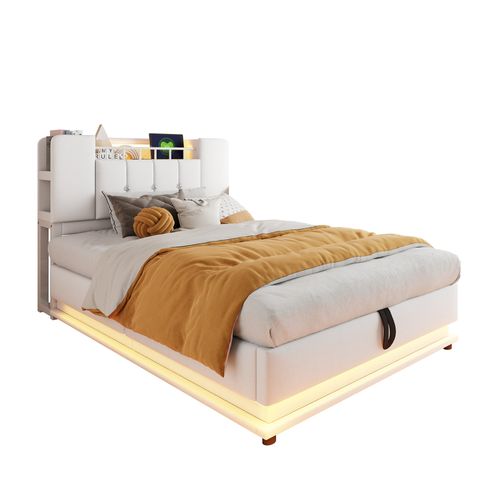 Lit Coffre Enfant Simple 90x200 Cm, LED Et Prise USB, Ouverture Hydraulique, Tissu Velours, Beige
