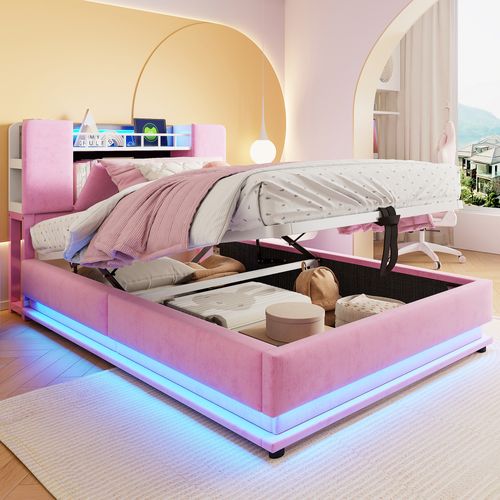 Lit Coffre Enfant Simple 90x200 Cm, LED Et Port USB, Ouverture Hydraulique, Tissu Velours, Rose