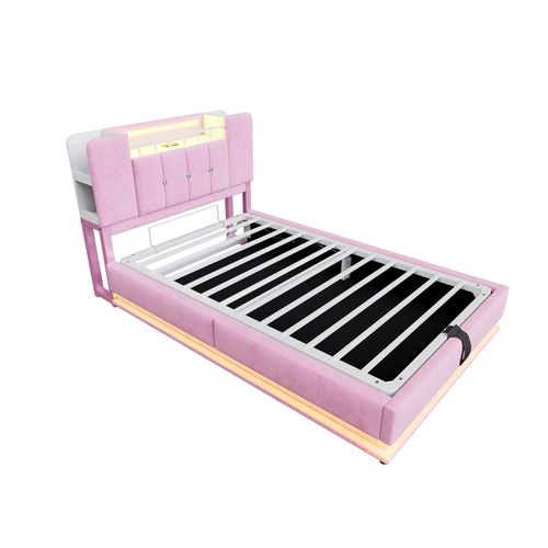 Lit Coffre Enfant Simple 90x200 Cm, LED Et Port USB, Ouverture Hydraulique, Tissu Velours, Rose