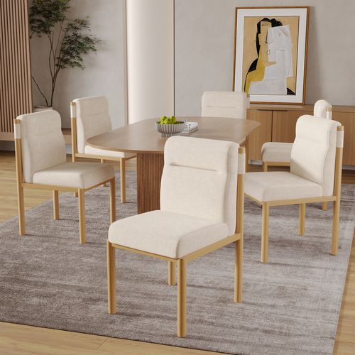 Chaises Lot De 6 Avec Assise Rembourrée Et Piètement Effet Chêne - Tissu Bouclette - Beige