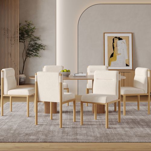 Chaises Lot De 6 Avec Assise Rembourrée Et Piètement Effet Chêne - Tissu Bouclette - Beige