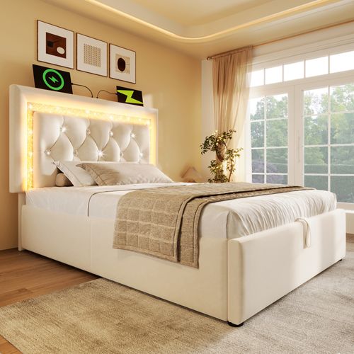 Lit Coffre Simple 90x200 Cm - LED Et Station De Charge USB, Rangement Hydraulique, Velours Beige