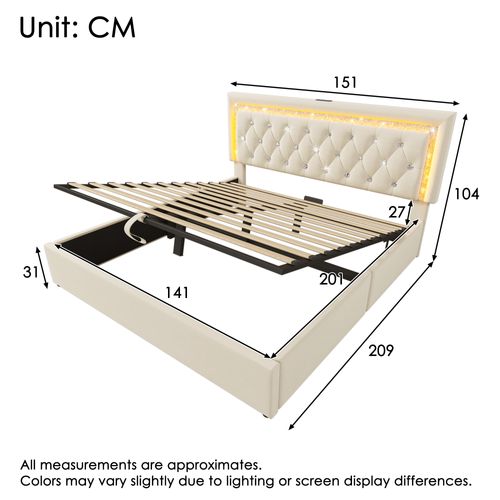 Lit Coffre Double 140x200 Cm - Tête De Lit, LED, USB Type-c, Rangement Hydraulique, Velours Beige