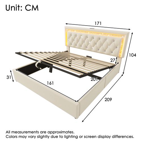 Lit Coffre Double 160x200 Cm - LED Et USB Type-c, Rangement Hydraulique, Sommier, Velours Beige