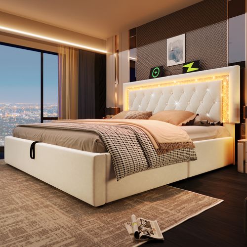 Lit Coffre Double 180x200 Cm - Tête De Lit LED, USB Et Type-c, Rangement, Velours Beige