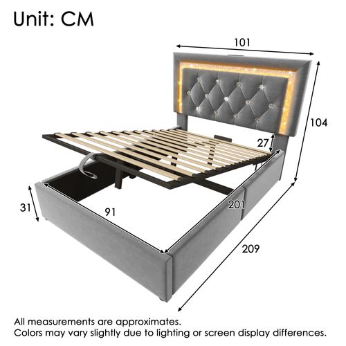 Lit Coffre Simple 90x200 Cm - LED Et Station De Charge USB, Rangement Hydraulique, Velours Gris