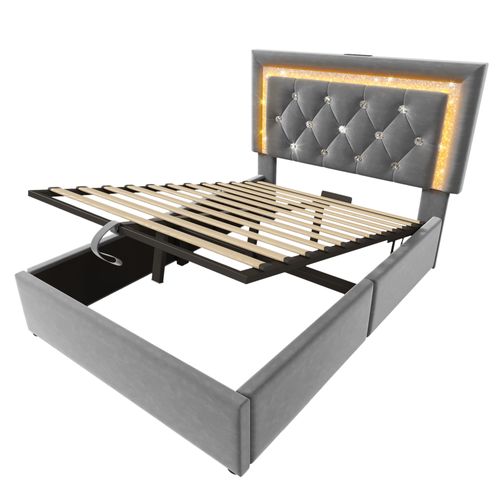 Lit Coffre Simple 90x200 Cm - LED Et Station De Charge USB, Rangement Hydraulique, Velours Gris