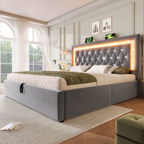 Lit Coffre Double 160x200 Cm - LED Et USB Type-c, Rangement Hydraulique, Sommier, Velours Gris