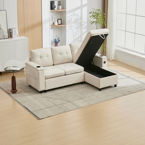 Canapé D’angle Convertible 3 Places Avec Coffre, LED, Poches Latérales, Porte-gobelets, Tissu Beige