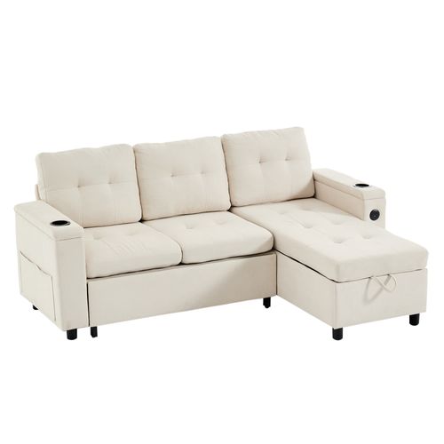 Canapé D’angle Convertible 3 Places Avec Coffre, LED, Poches Latérales, Porte-gobelets, Tissu Beige