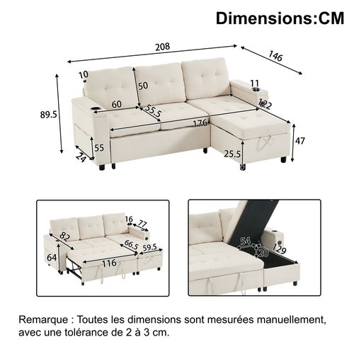 Canapé D’angle Convertible 3 Places Avec Coffre, LED, Poches Latérales, Porte-gobelets, Tissu Beige