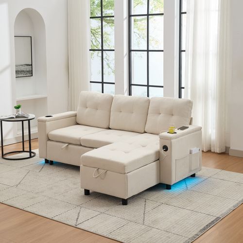 Canapé D’angle Convertible 3 Places Avec Coffre, LED, Poches Latérales, Porte-gobelets, Tissu Beige