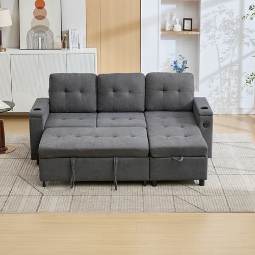 Canapé D’angle Convertible 3 Places Avec Coffre, LED, Poches Latérales, Porte-gobelets, Tissu Gris